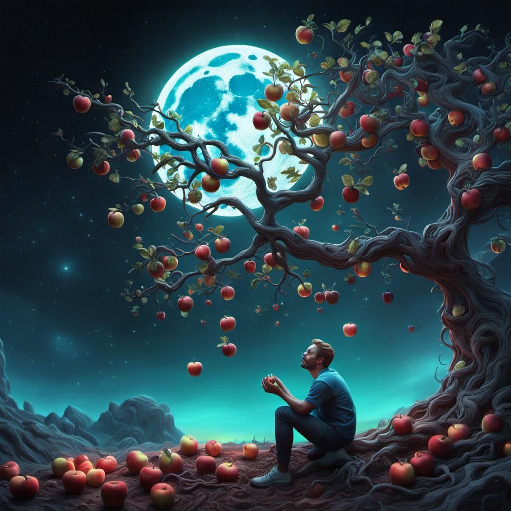Man Eating Apple Under Tree on the Moon