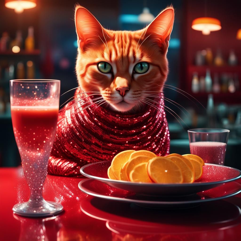 Glamorous Ginger Cat in Red Gown: Hyperrealistic Art