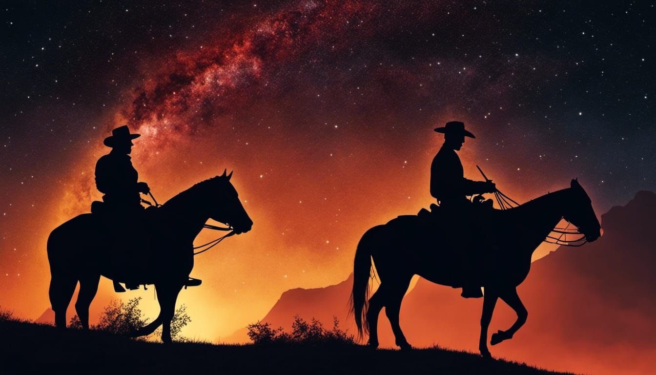 Cowgirl and Horse at Campfire Under Starry Night