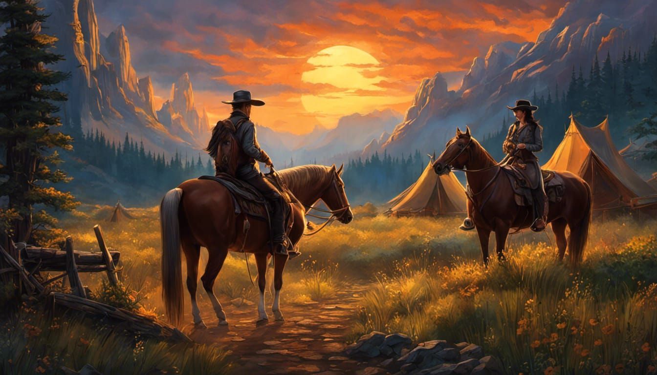 Cowgirl and Horse at Campfire Under Starry Galaxy