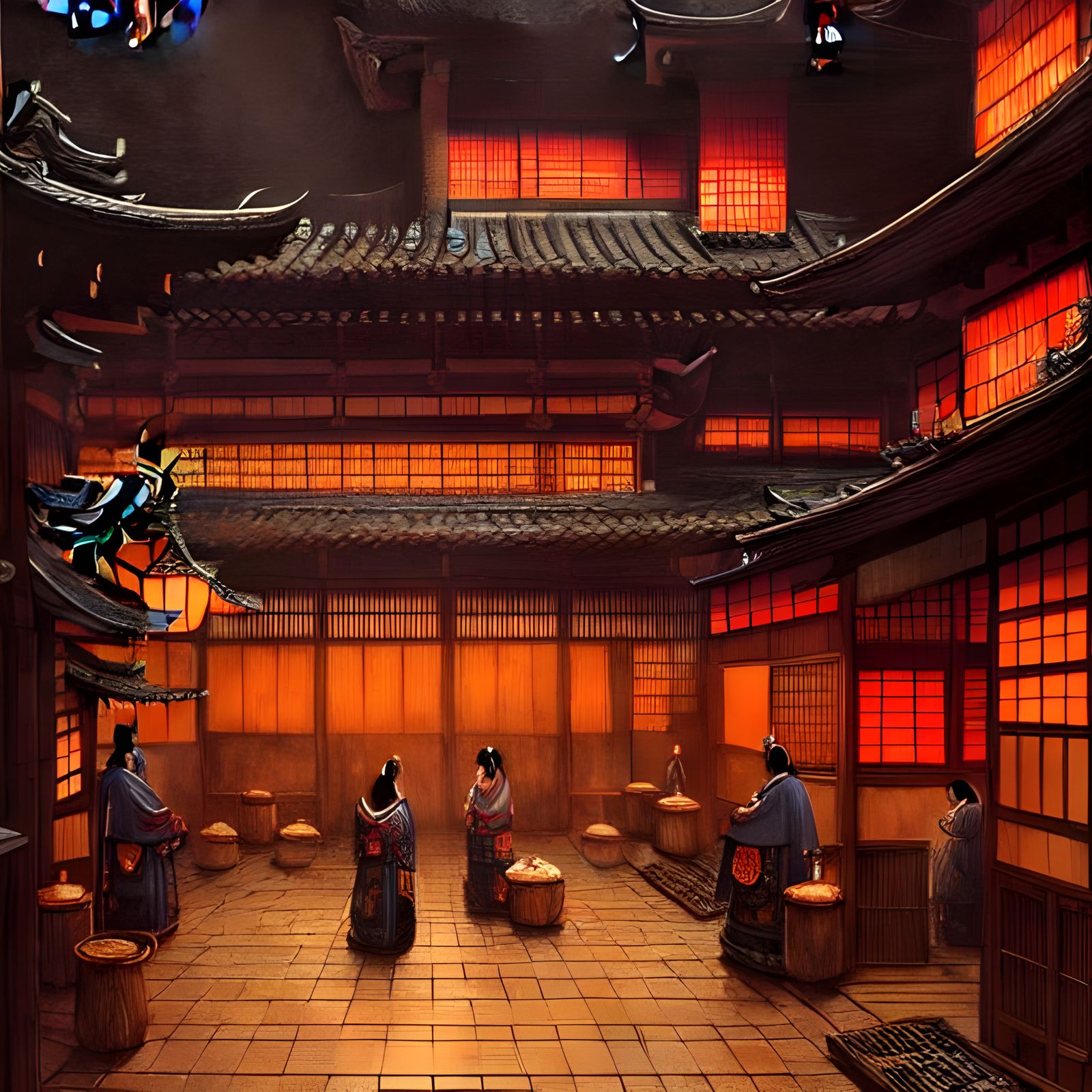 Elaborate Medieval Japanese Samurai Cafe at Night