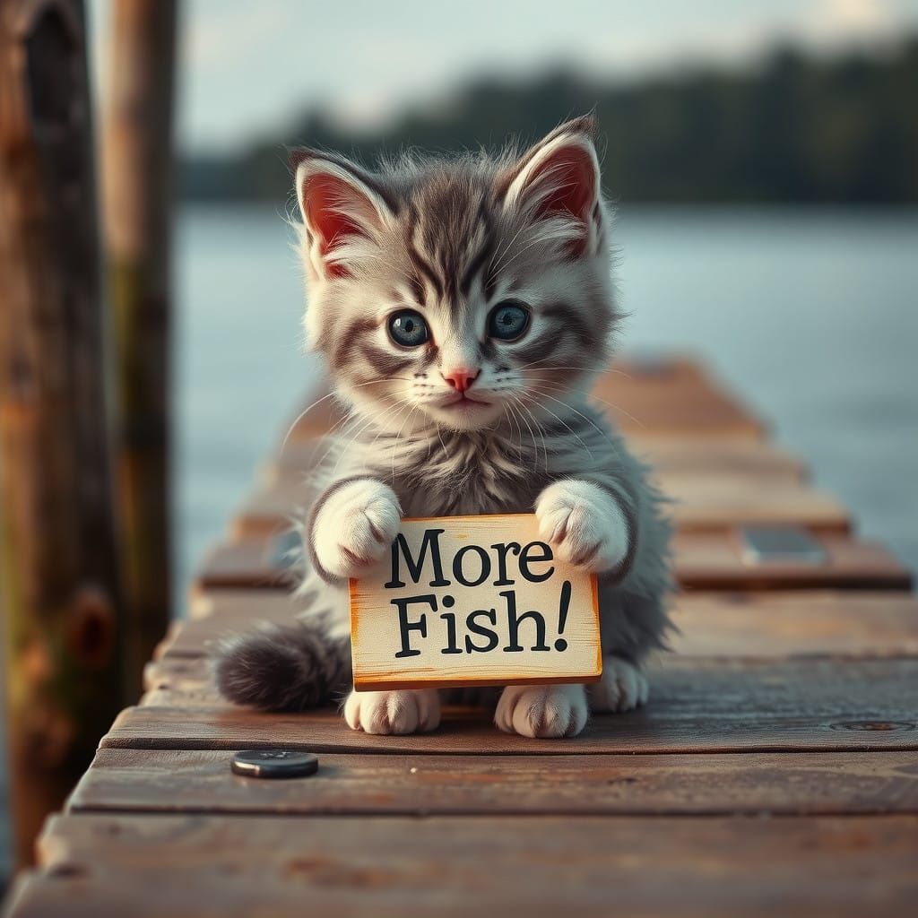 Whimsical Kitten on Wooden Dock