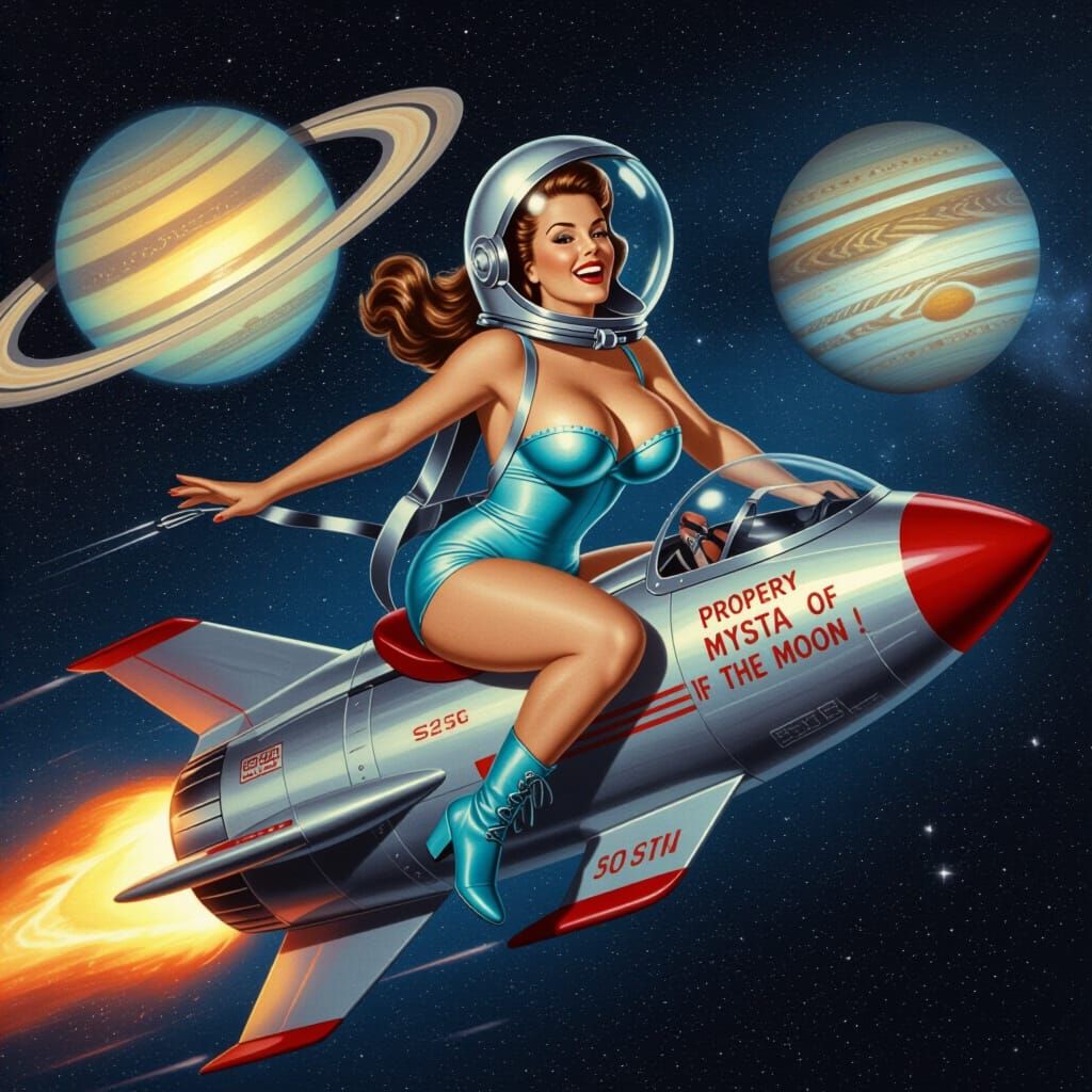 Cyberpunk Pinup Astronaut on Space Motorcycle