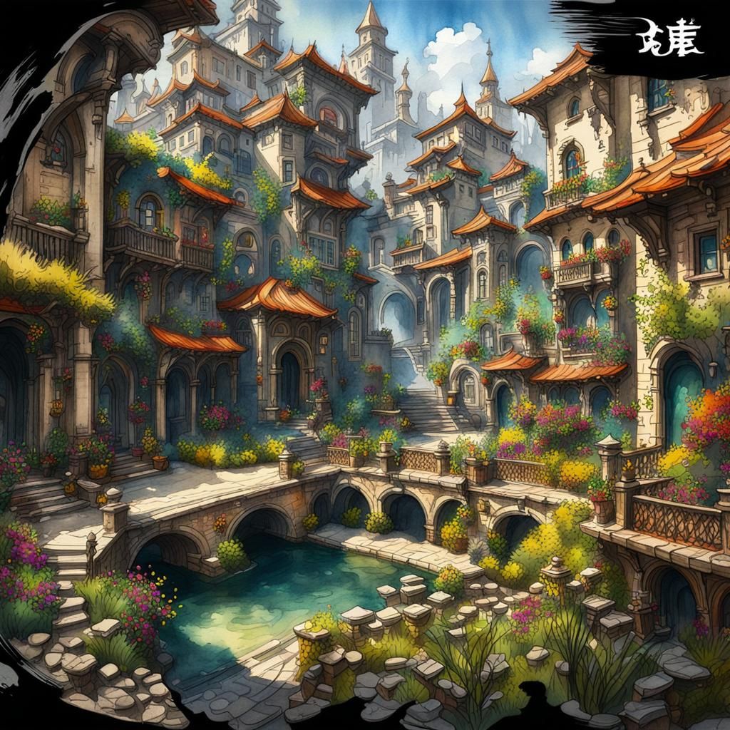 Detailed Garden Urban Sketch in Watercolor Ink