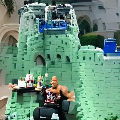Rock Drinks Lego Castle in Surreal Scene