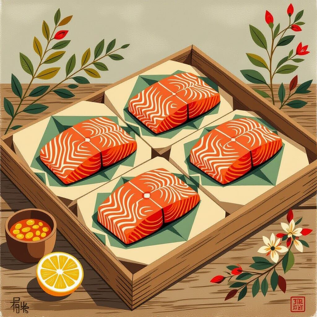 Salmon Fillets in Geometric Patterns, Vintage Poster Art
