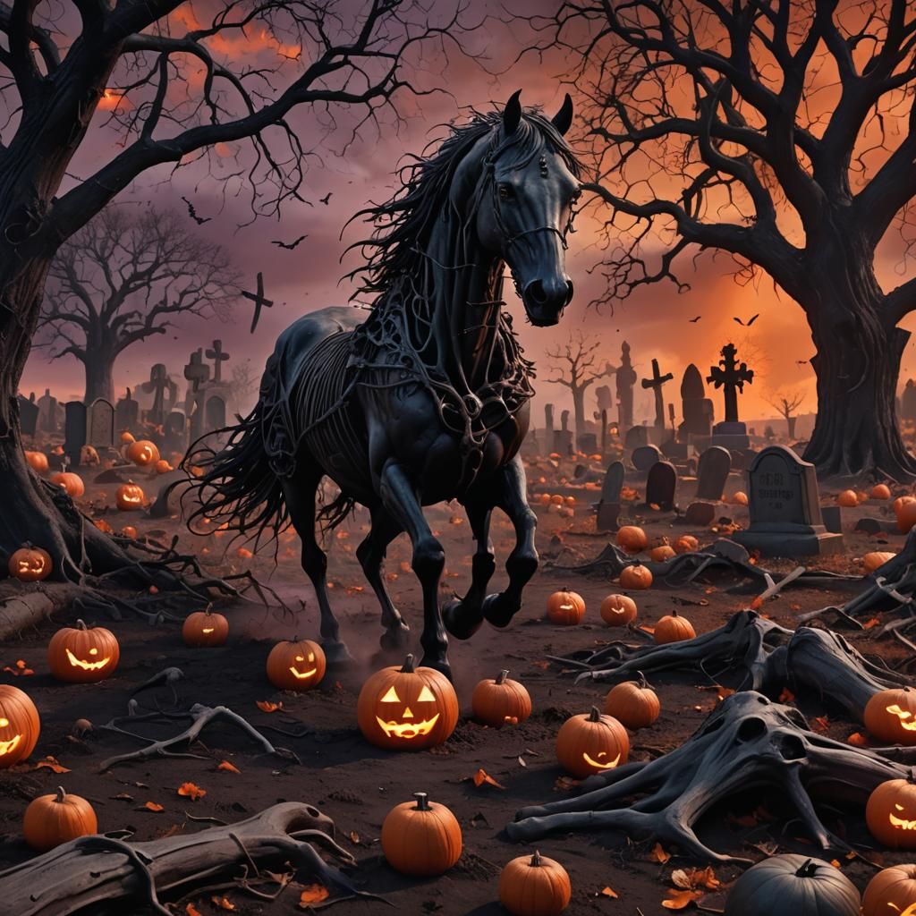 Ghostly Horse Gallops Through Gothic Graveyard