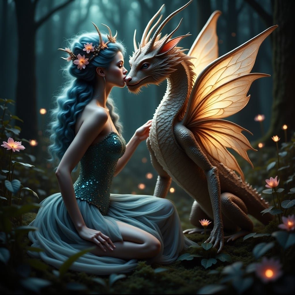 Fairy Kisses Dragon in Hyperrealistic Digital Art