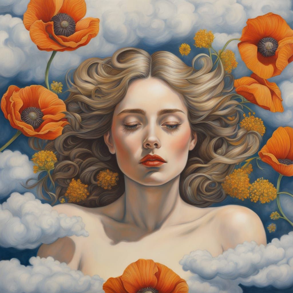 Woman on Clouds with Diamonds and Poppies