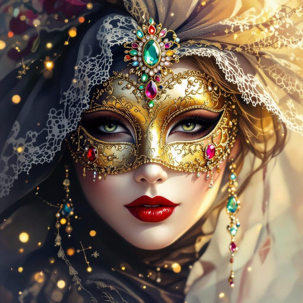 Mysterious Woman Behind Venetian Mask in Watercolor Style