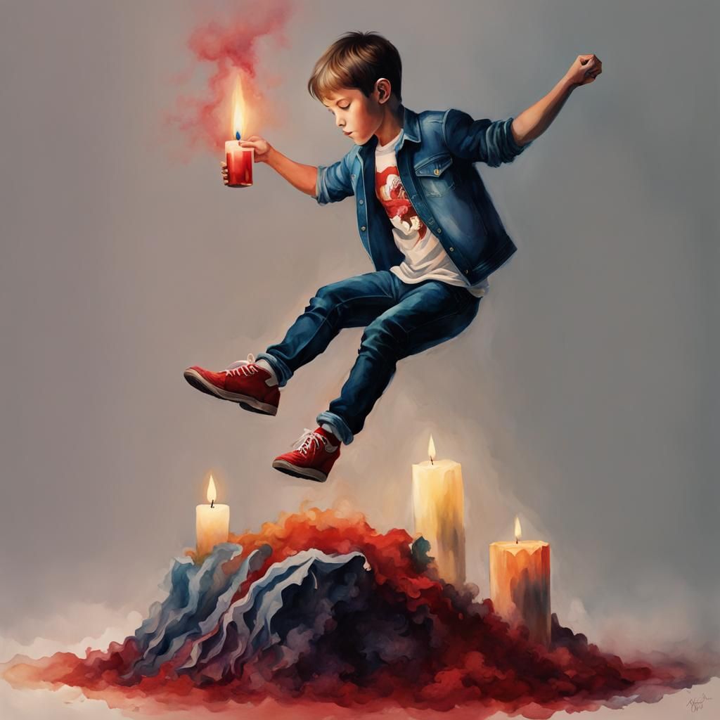Boy Jumps Over Candle in Ethereal Watercolor