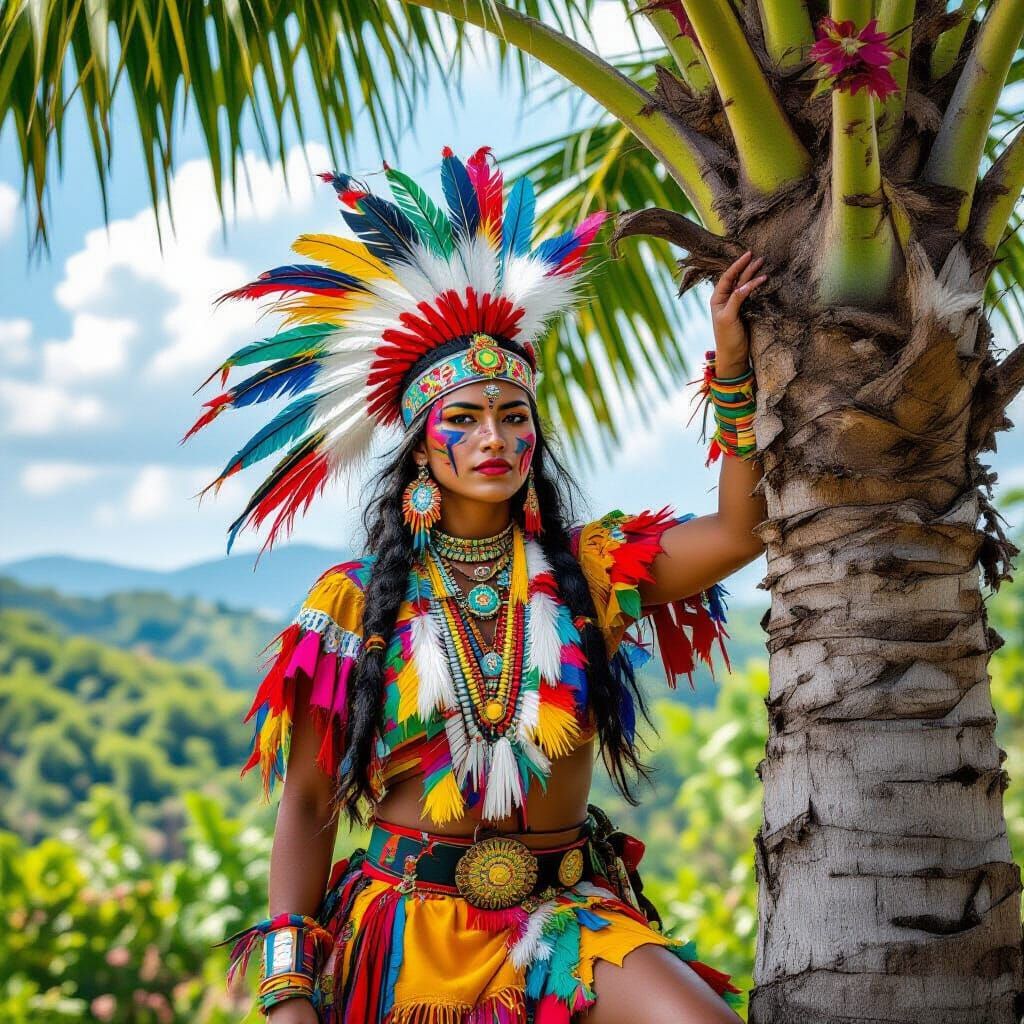 Indigenous Person Climbing Palm Tree in Surreal Style