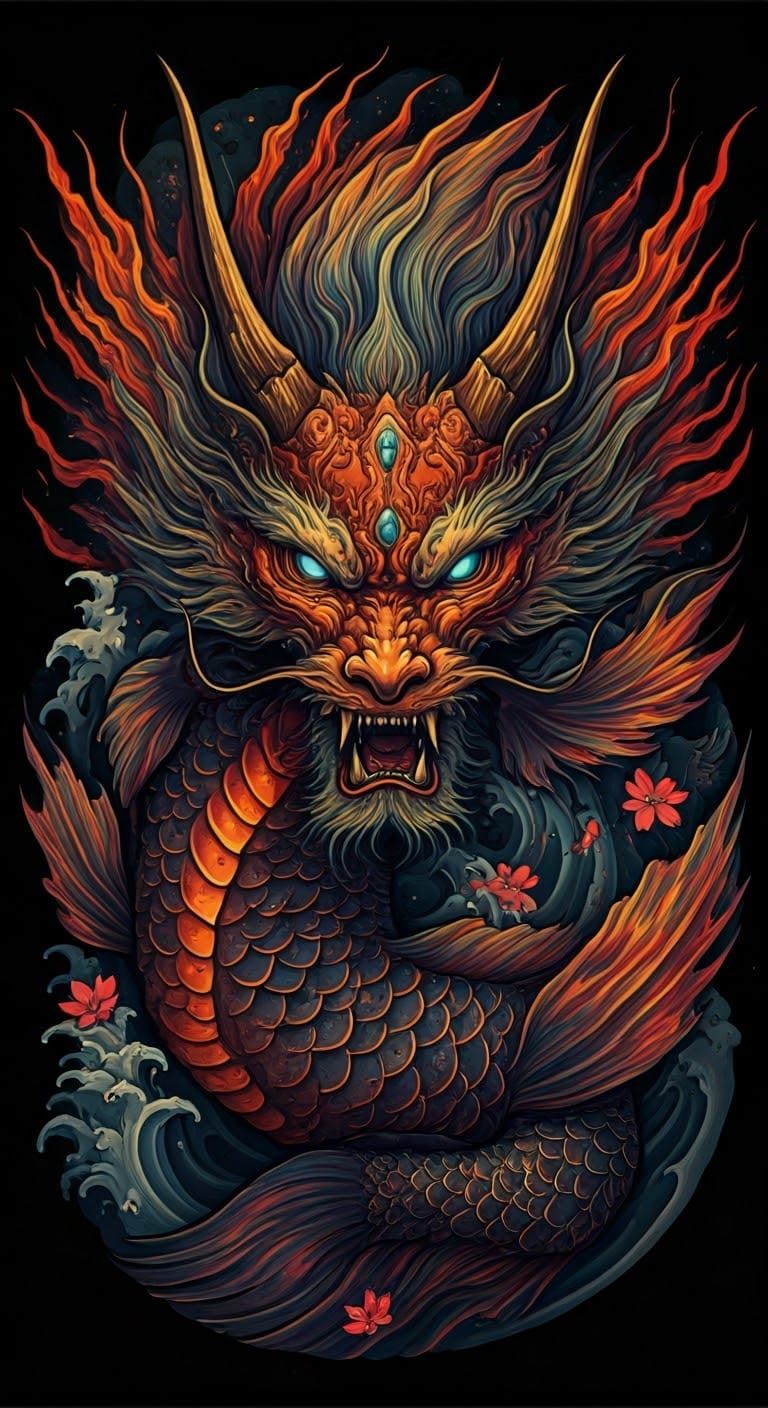 Dragon-Koi Hybrid Tattoo Design in Japanese New School Style