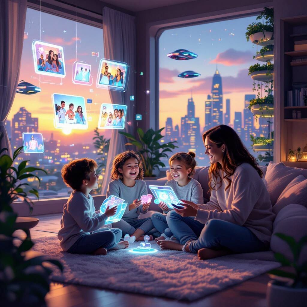 Futuristic Family Cherishing Holographic Memories in Cozy Hi...