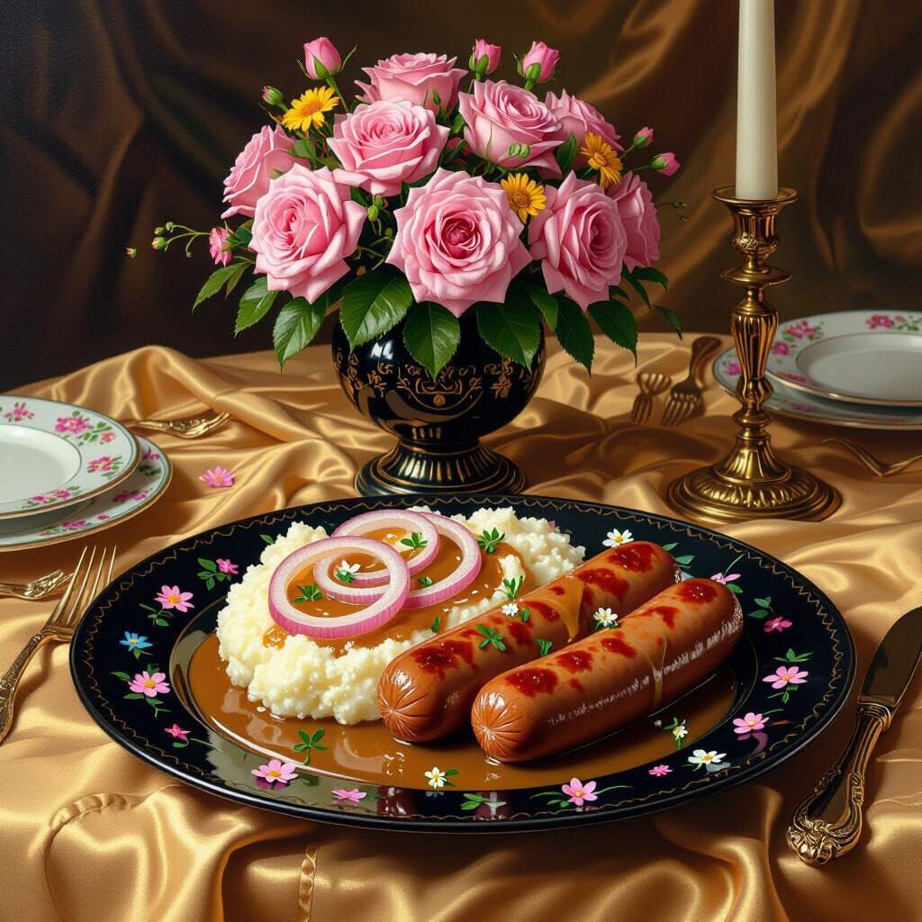 Sausages with Mash and Gravy in Matte Painting Style