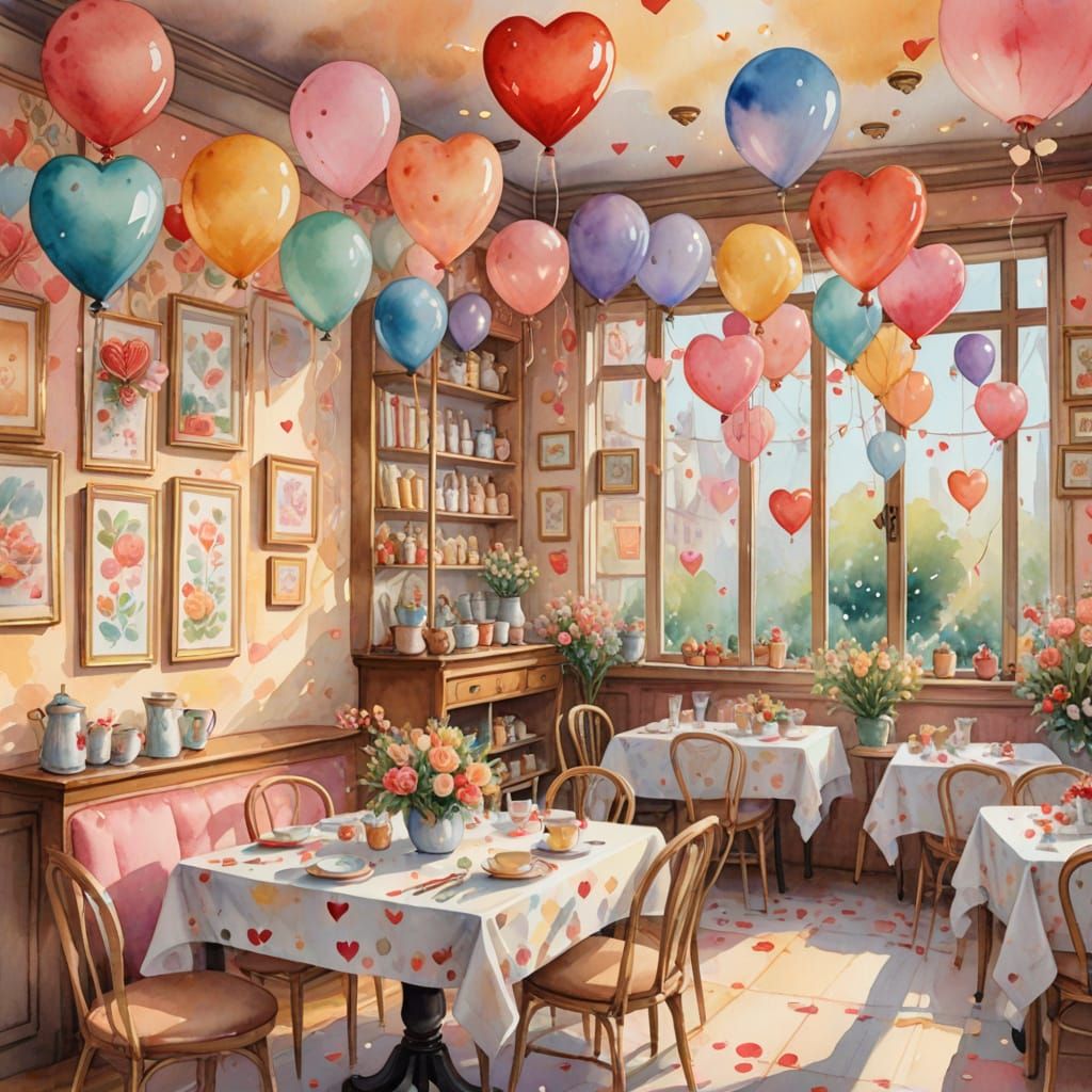 Whimsical Valentine's Day Tea Shop in Watercolor Style