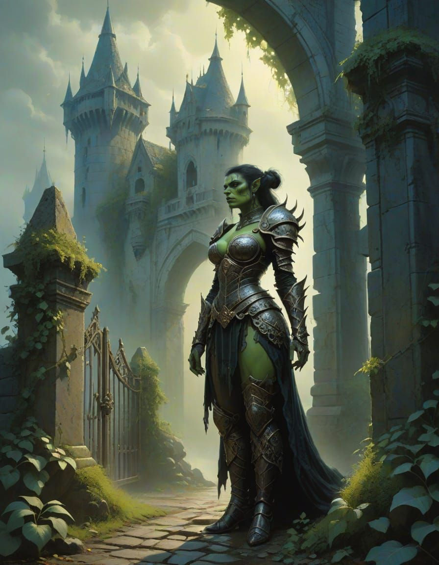 Female Orc Warrior in Gothic Armor at Castle Gate