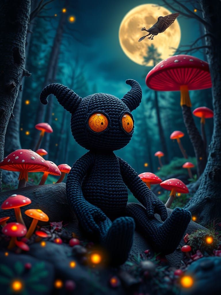 Surreal Black Macramé Monster Doll in Vibrant Psychedelic Fo...