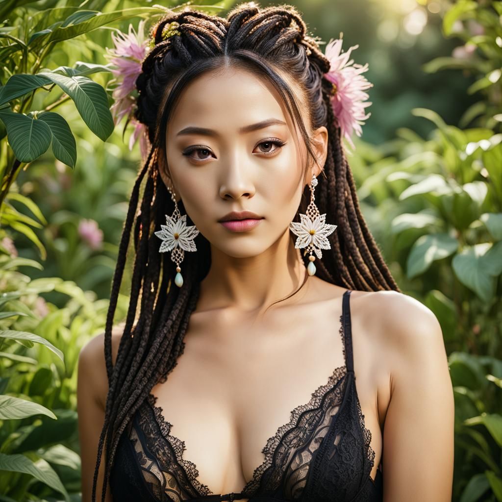 Korean Woman with Dreadlocks in Lush Garden