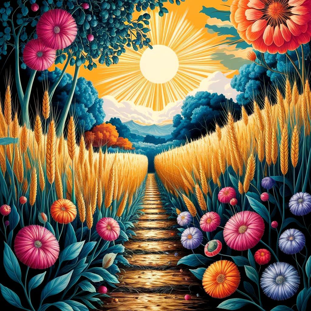 Vibrant Fantasy Garden Scene in Dreamlike Digital Art