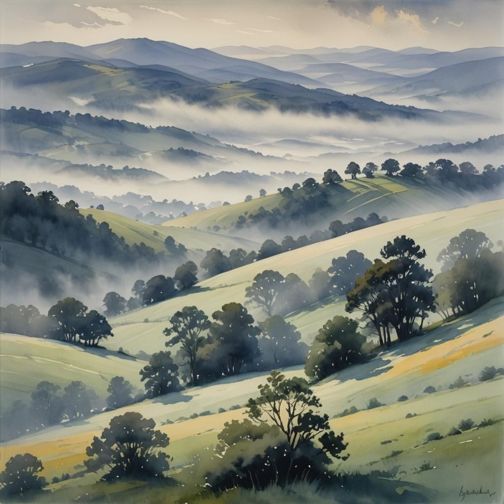 Ethereal Fog Landscape in Indigo and Grey