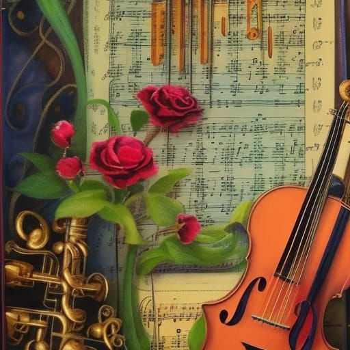 vintage image, rice paper decoupage, romantic music scene, musical instrument, rosses on sheet music wall, intricately d...