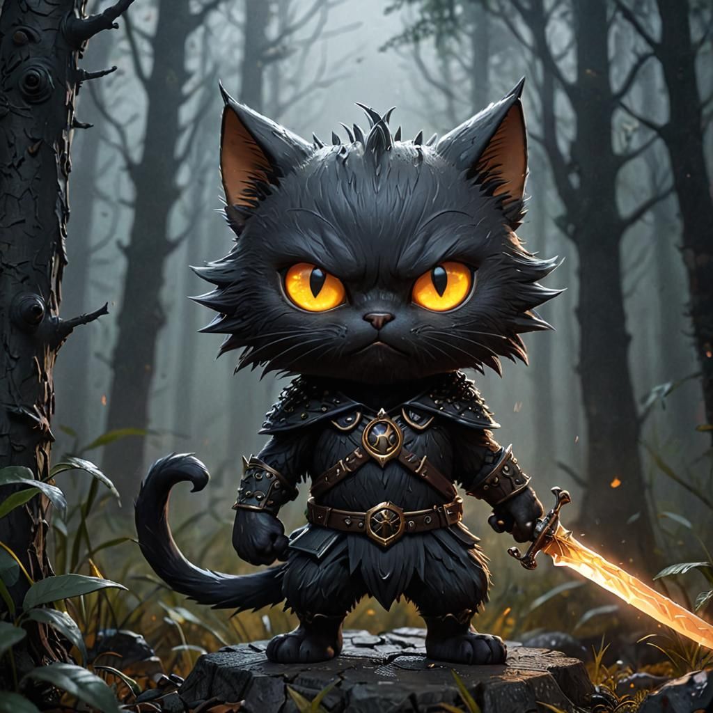 Fierce Chibi Black Cat Warrior in Dark Forest