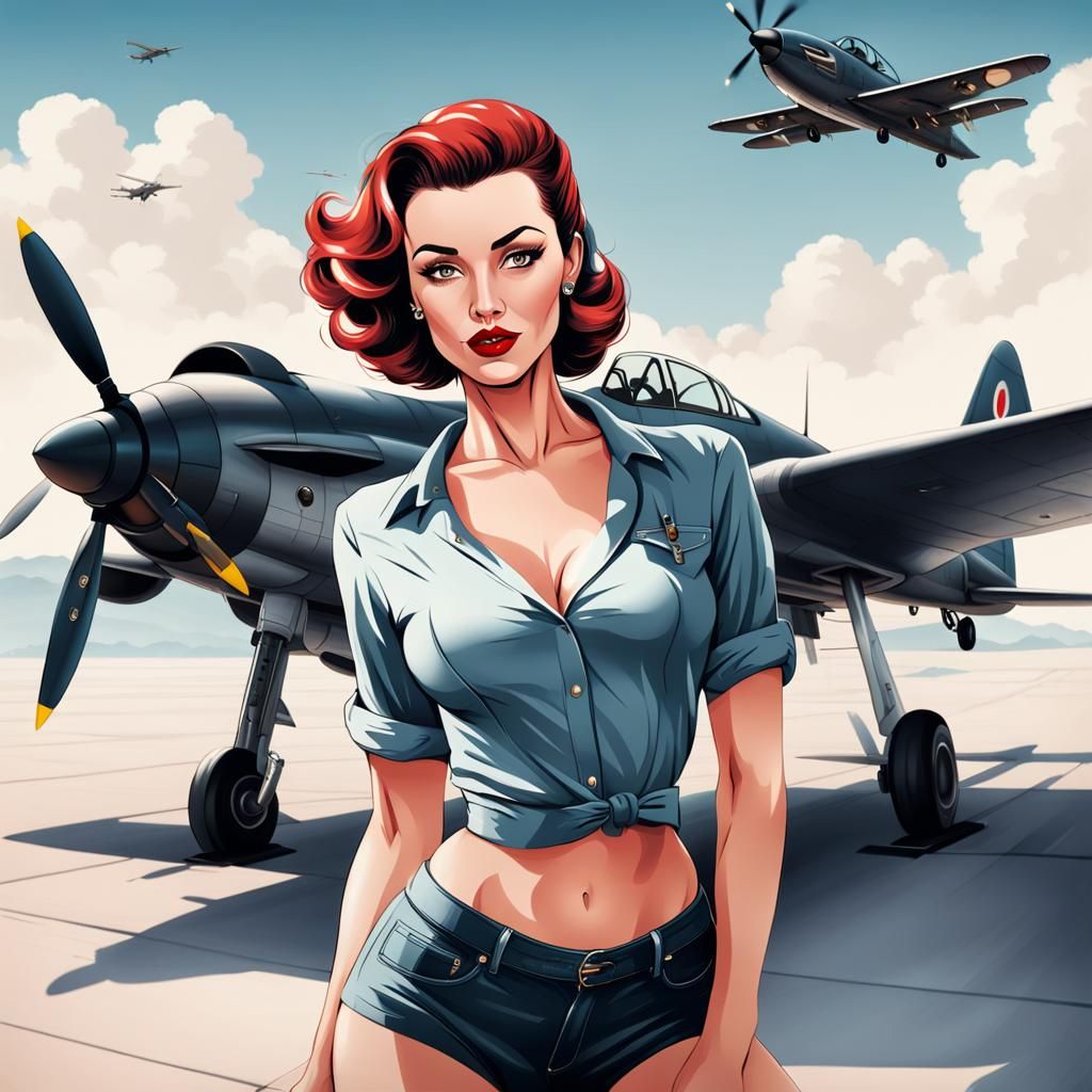 Classic Pinup Girl with Airplane Illustration