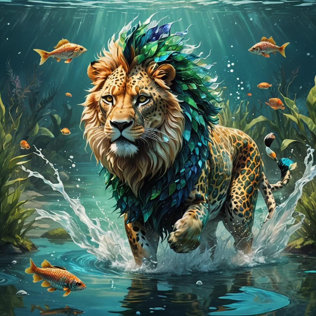 Lion-Cheetah-Fish Hybrid in Surreal Fantasy Style