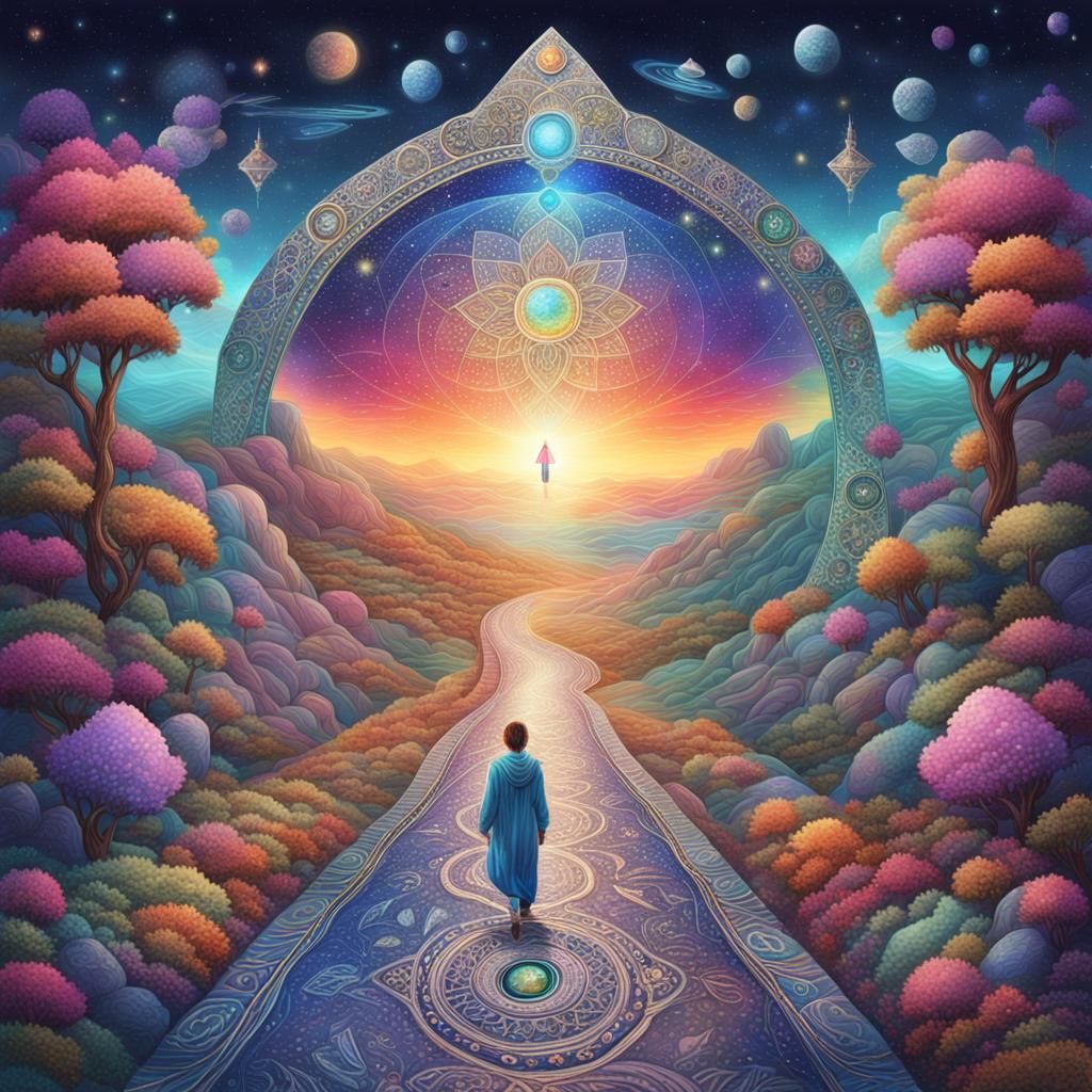 Intricate Cosmic Journey: Holographic Astral Illustration