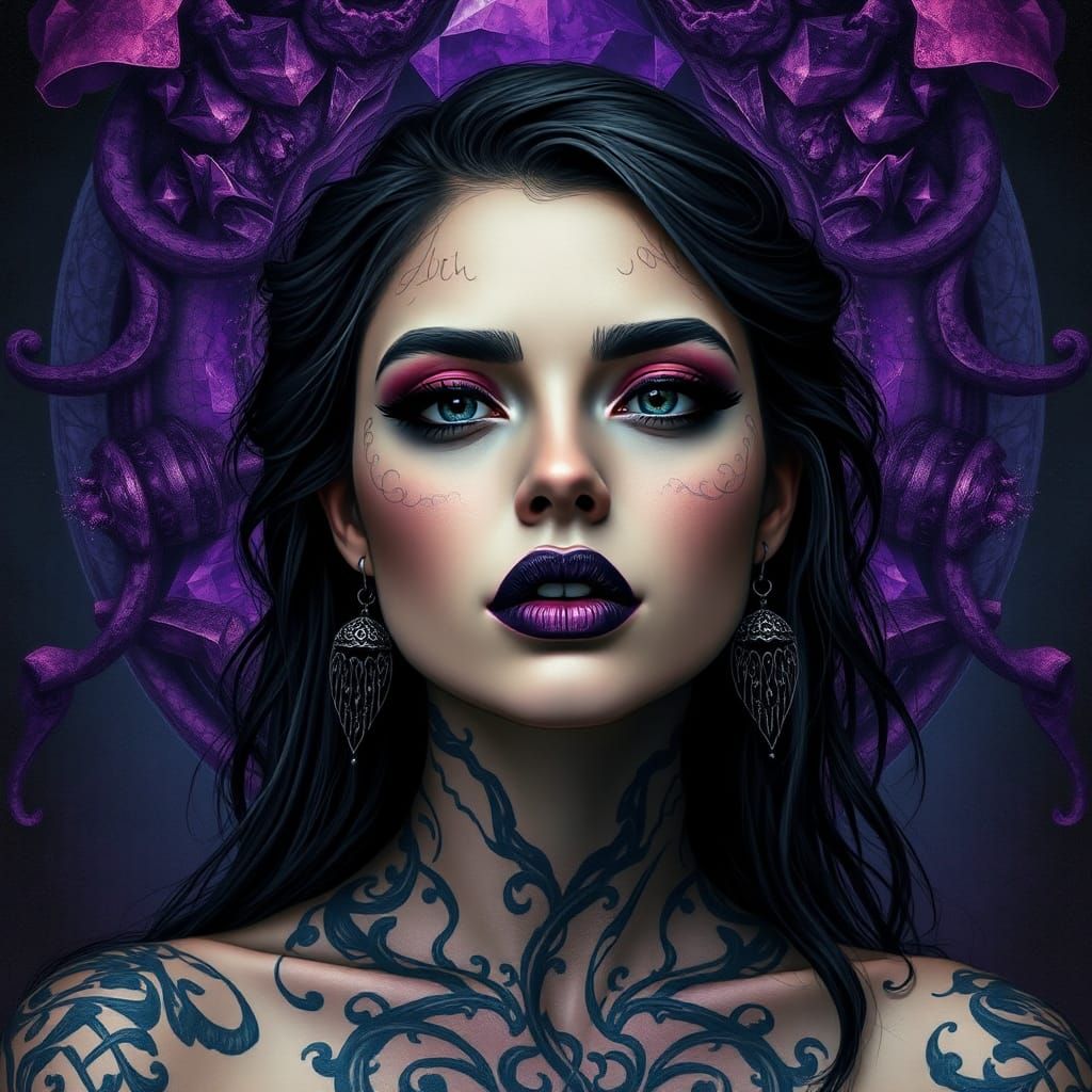 Gothic Woman with Black Lips and Purple Gemstone