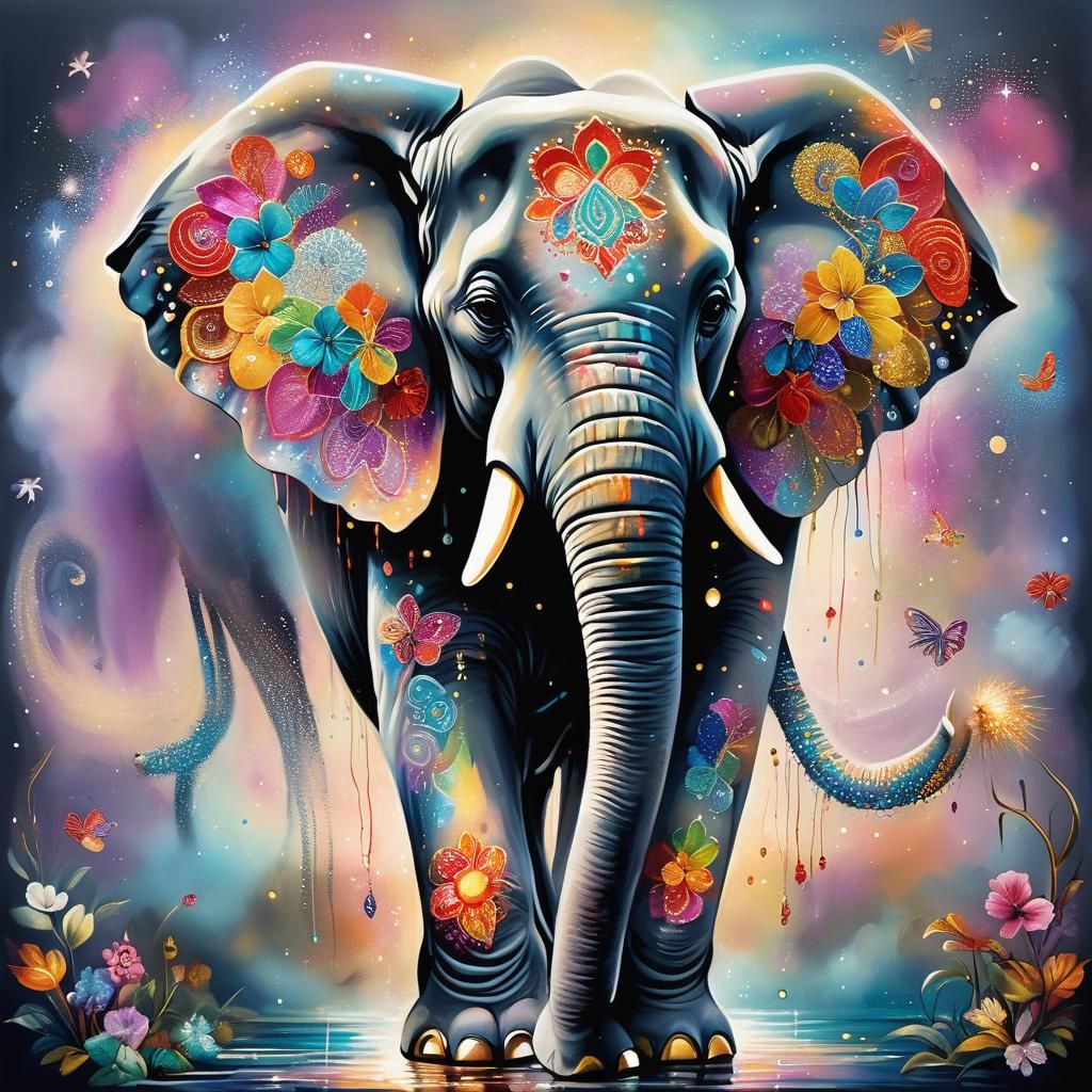 Elephant in Magical Universe with Colorful Tattoos