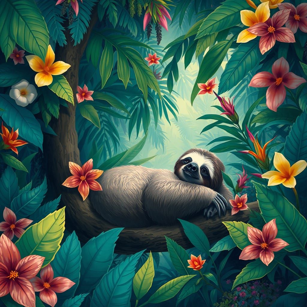 Surreal Rainforest Sloth in Vibrant Tropical Paradise