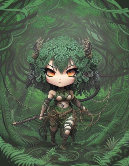 Chibi Warrior Entangled in Jungle Roots with 3D Shading