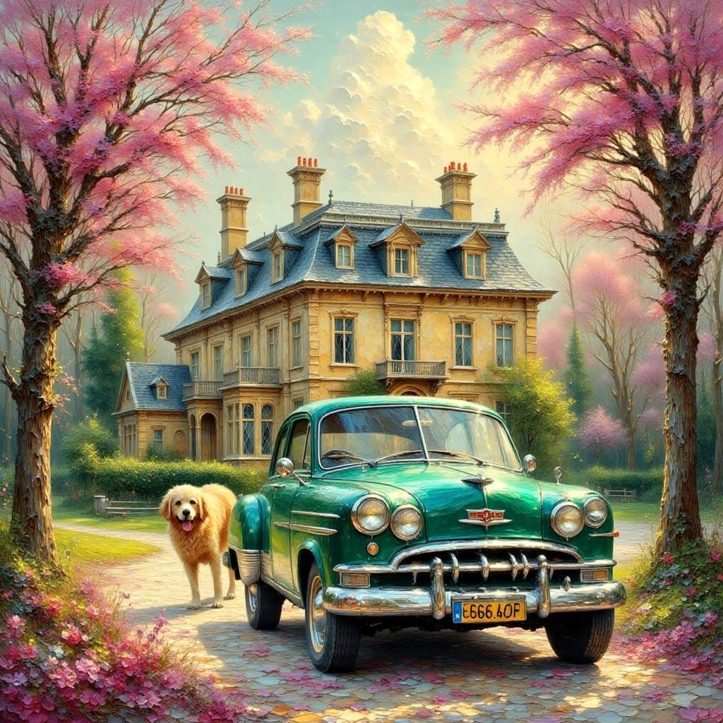 Vintage Car at Manor House in Impasto Style