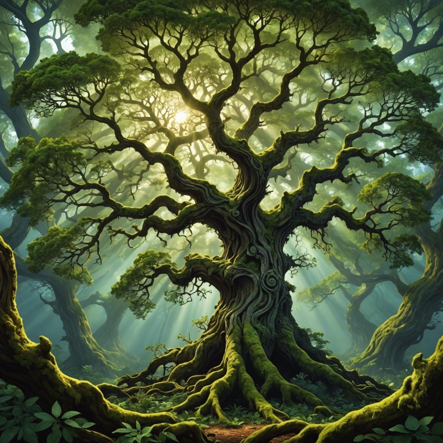 Mystical Forest: Ancient Oak Tree in Sunlight