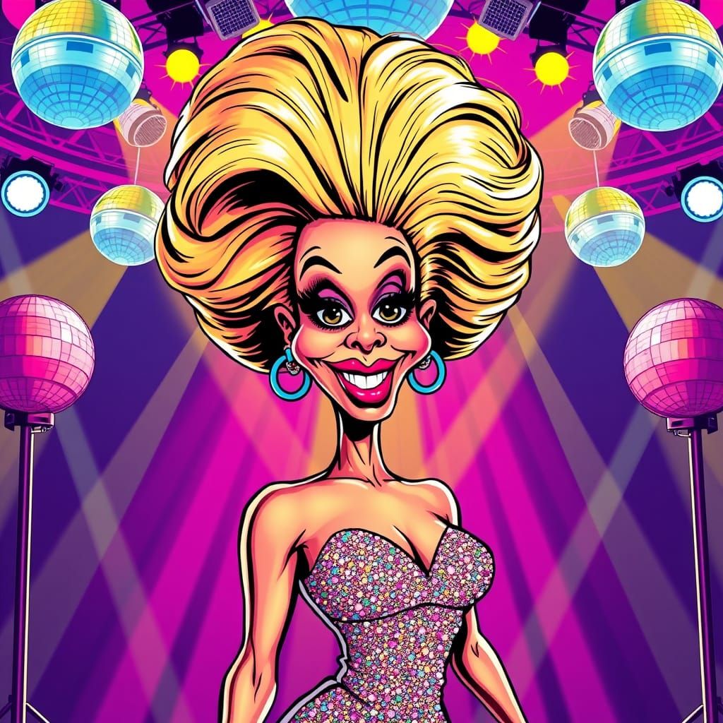 RuPaul Caricature in Glittery Dress with Big Blonde Hair