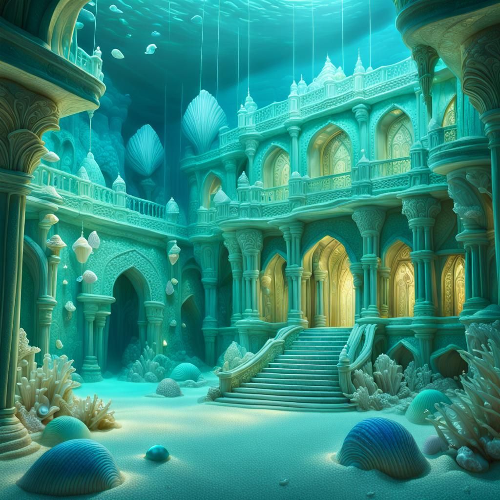 An underwater palace built from shimmering sand and seashell...