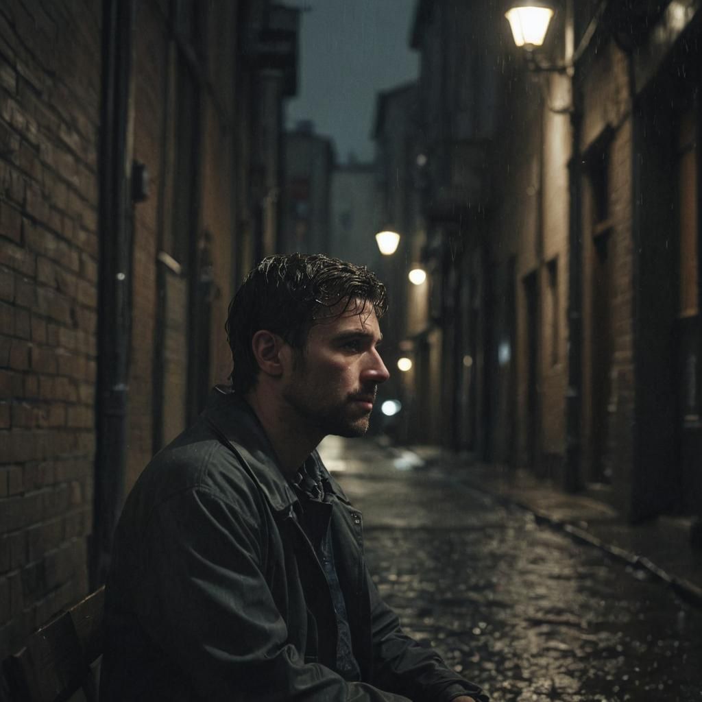 Sad Man in Rainy Alley: Cinematic Film Still
