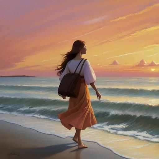 Impressionistic Seascape Painting of Woman at Sunset