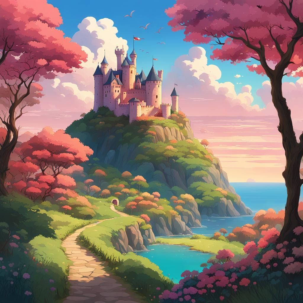 Dreamlike Island Landscape with Castle, Vibrant Colors