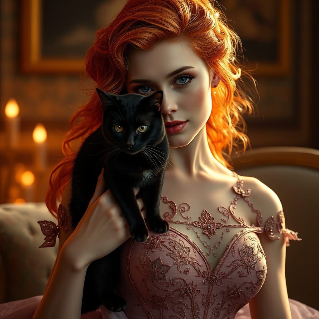 Serene Redhead Lady with Majestic Black Cat in Elegant Gown