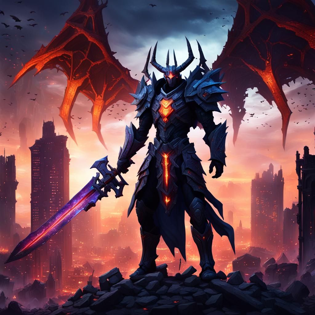 Aatrox the World Ender in Ruined Cityscape