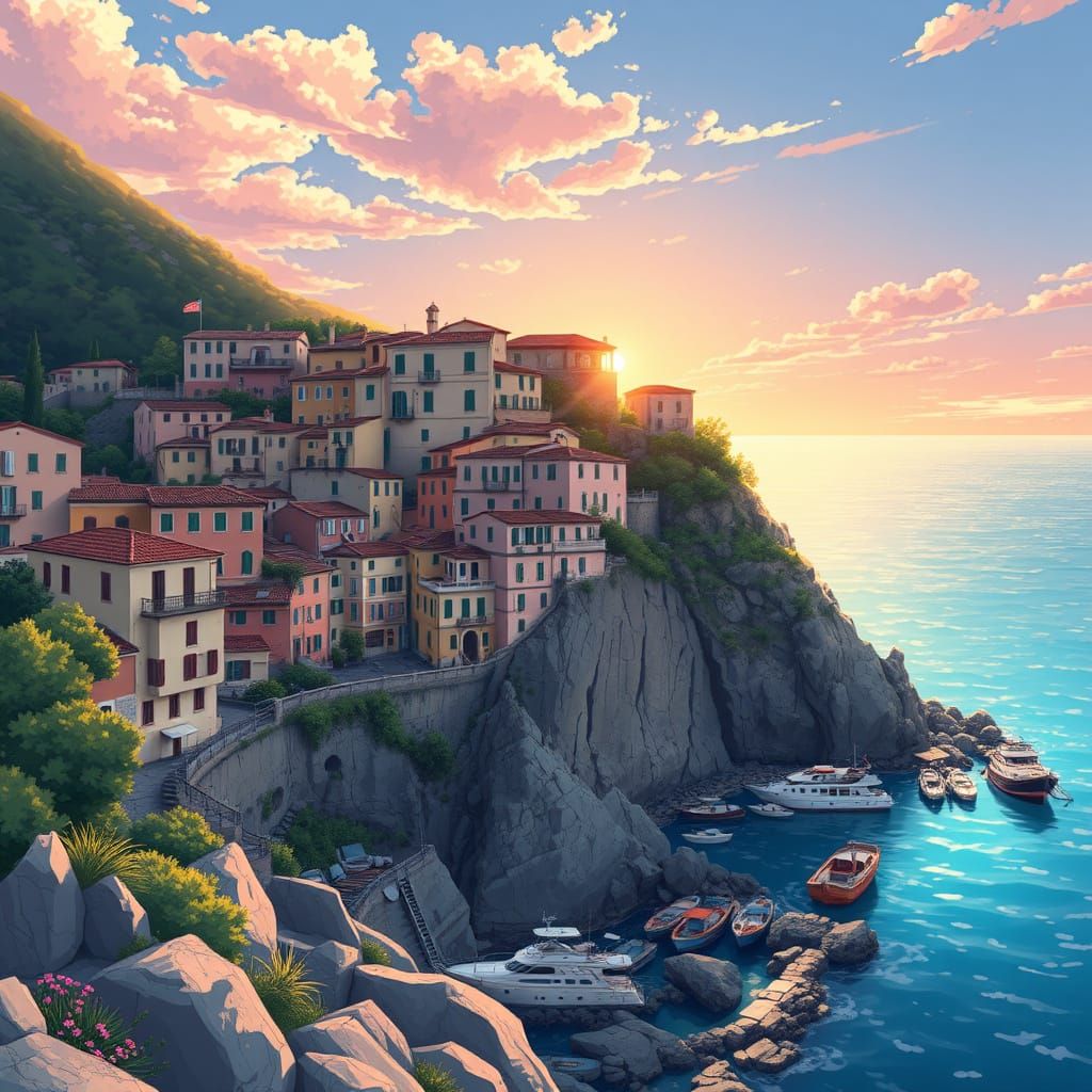 Italian Village at Sunrise in Anime Style