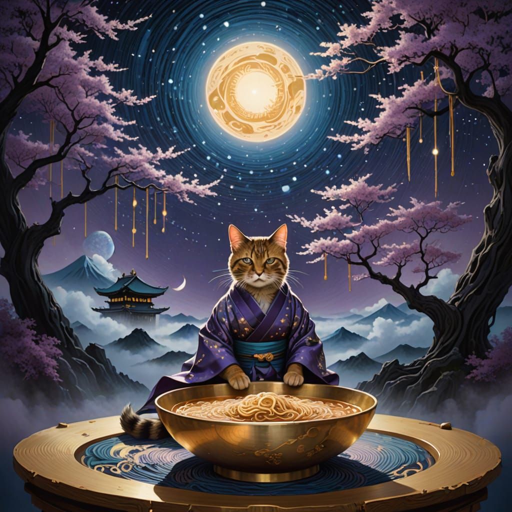 A cat in a gold kimono sitting behind a bowl of ramen 