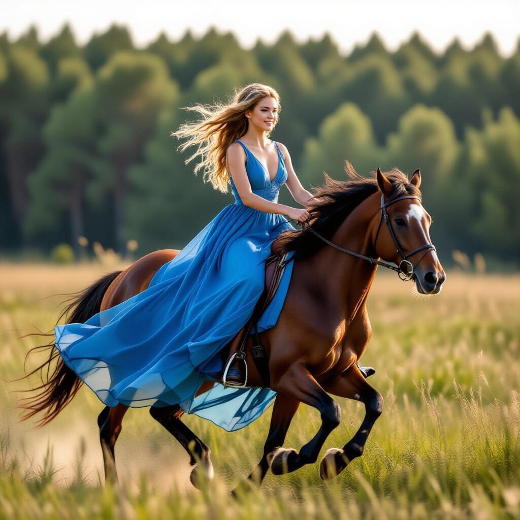 Girl in Blue Dress on Galloping Horse