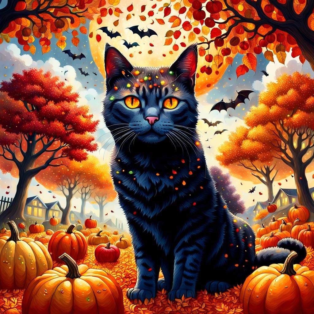 Pointillistic Autumn Fantasy Portrait of a Feline