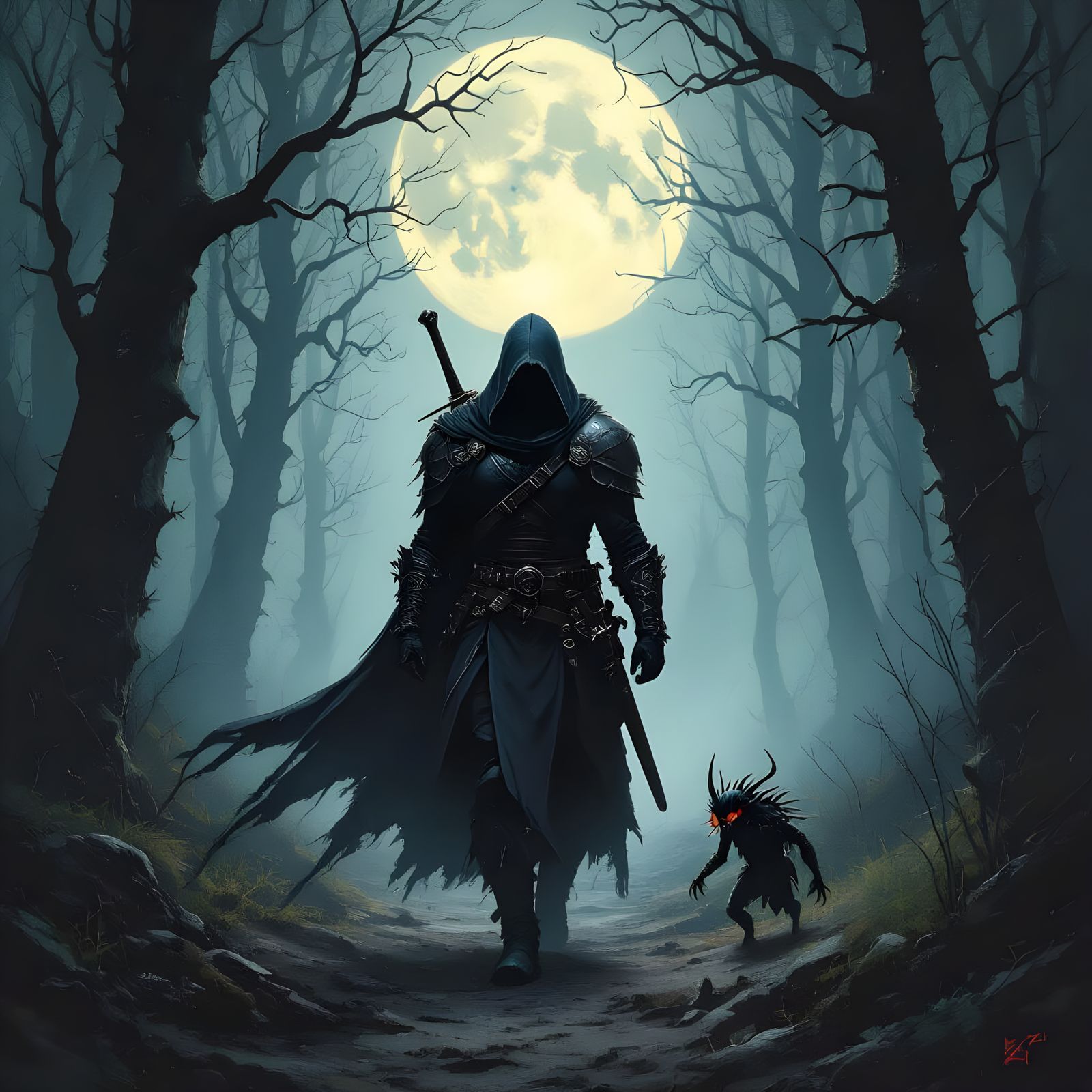 Warrior and Creature Walk Dark Forest Path in Surreal Style