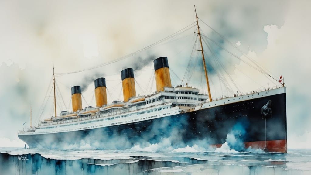 Titanic Crashing into Ice Rampart as Oil Painting