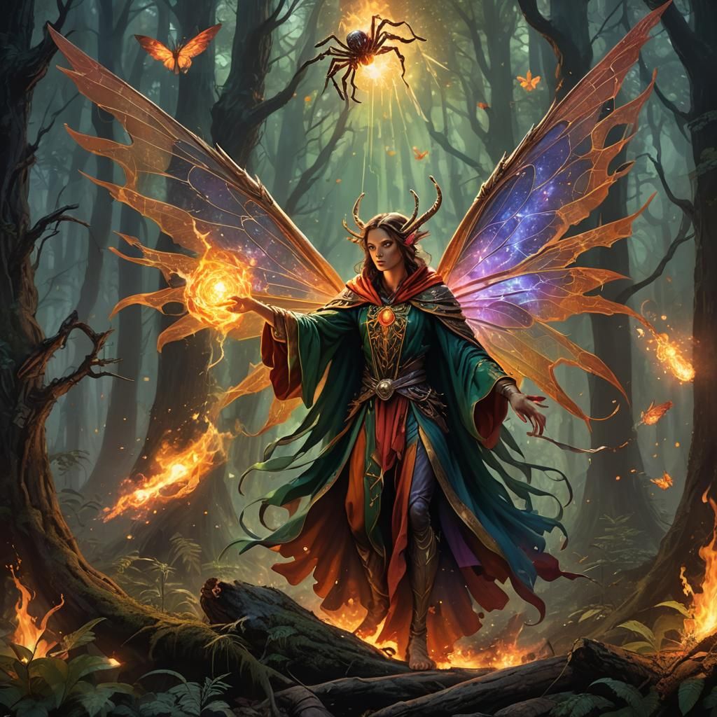 Fairy Casting Fireball Spell in Mystical Forest